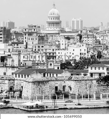 The city of Havana including several iconic buildings in black and white