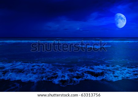 Night scene in a deserted beach with a crescent moon