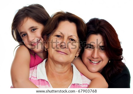 Latin grandmother, daughter and daughter smiling on a white background