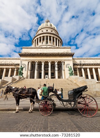 HAVANA-MARCH 14:Horse carriages wait for tourists in front of the Capitol May 14,2011 in Havana.Tourism attracts over 2 million people a year and is one of the main sources of revenue for Cuba