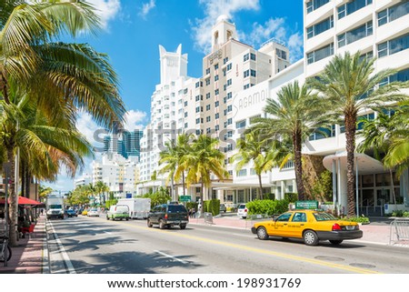 MIAMI,USA - MAY 20,2014 : Famous art deco hotels at Collins Avenue on a sunny day at Miami Beach