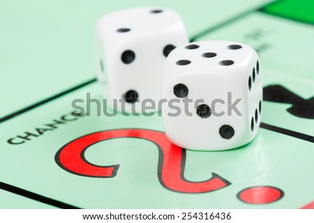 LONDON,UK - FEBRUARY 11, 2015 : Pair of dice next to the CHANCE card drawing space in a Monopoly game board