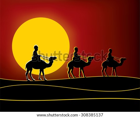Landscape sunset - camels caravan in the Sahara desert