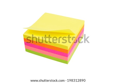 five color block of post-it notes isolated on white background