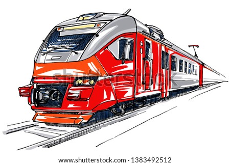 Modern red locomotive. Railway station sketch