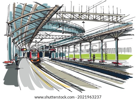 Passenger train arrives to the platform to the  station within a city. Hand drawn sketch