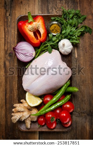 Raw chicken breast, bell pepper, onion, garlic, ginger, lemon, chili peppers, tomatoes, cilantro and curry powder
