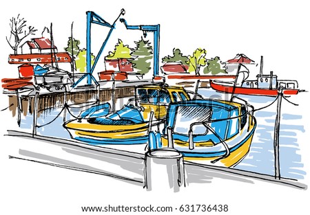 Marina with boats sketch