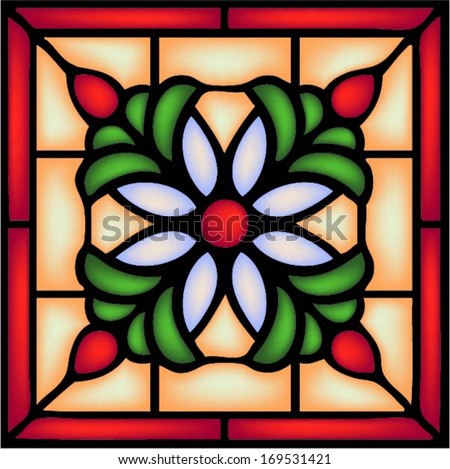Gothic ornament with decorative berry and flower, traditional church decor, seamless pattern,vector illustration in stained glass window style