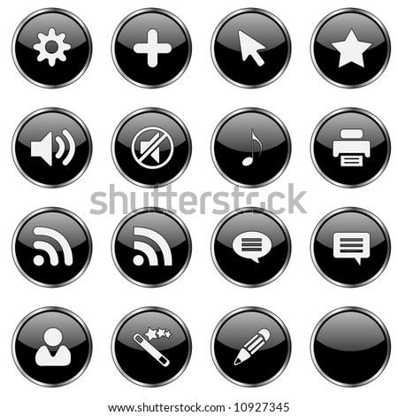 16 black buttons part 4: cog, plus, cursor, star, sound on, sound off, note, printer, rss, cloud, user, wizard, pen, blank. See my portfolio for more.