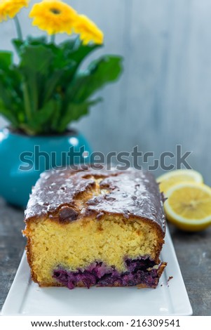 Home baked lemon cake with blueberries