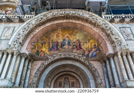 Ancient mosaic featuring nativity scene on San Marco Basilica facade on Piazza San Marco in Venice, Italy