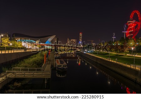 LONDON - October 11th 2014: Night view of Queen Elizabeth Olympic Park - London\'s legacy after the Games which includes world class sporting venues, now open to the public in Stratford, London, UK