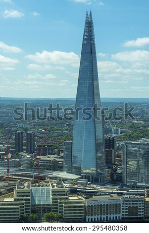 LONDON, UK - JULY 4, 2015: View of Shard form The Sky Garden, Europe\'s highest garden space located on top of Walkie Talkie office building at 20 Fenchurch Street