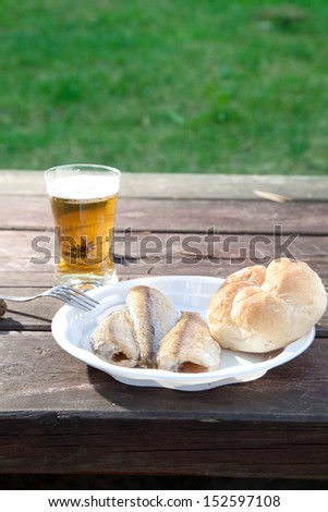 Fried fish on a plastic plate in the woods on a bench and drinking beer