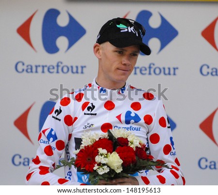 CHORGES, FRANCE - JULY 17,  - Christopher Froome of team Sky wears the King of the Mountains jersey on July 17, 2013 in Chorges, France.