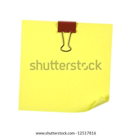 Yellow Note With Red Metal Clip Isolated On White Background