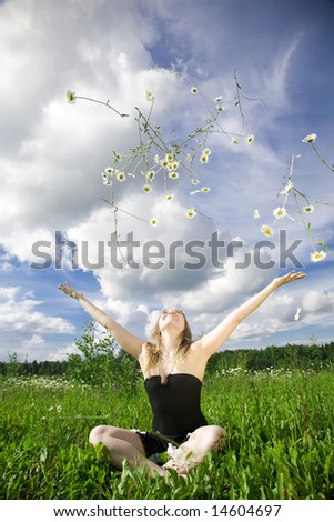 Happy Summer. Woman Relaxing On The Meadow.