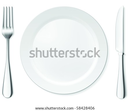 Dinner plate, knife and fork. Vector objects collection.