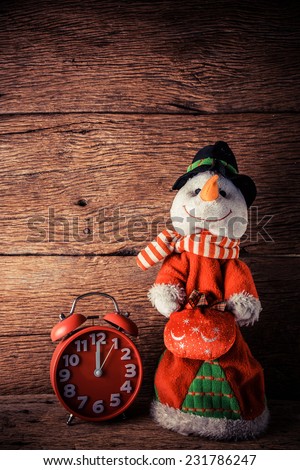 Snowman Christmas with red alarm clock , waiting time to xmas