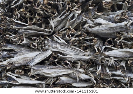 A pile of dried cod fish. Lofoten, Norway