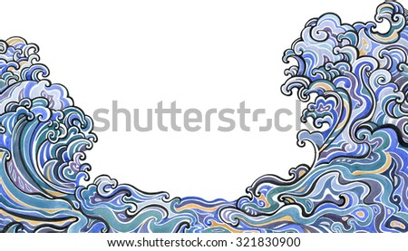 Decorative, ornamental,  oriental, asian  watercolor waves  illustration