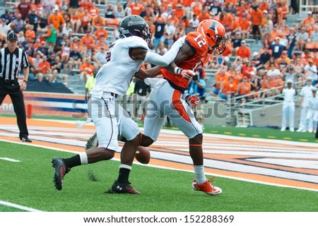 CHAMPAIGN,IL-AUGUST 31: Illini wide receiver Ryan Lankford (12) drops a potential touchdown pass during a game against SIU on Saturday, Aug 31, 2013.