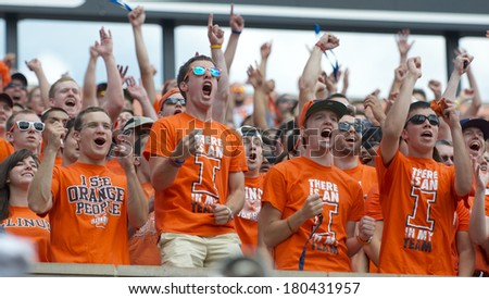 CHAMPAIGN,IL-SEPTEMBER 28: University of Illinois students celebrate a touch down during a game against Miami-OH on Saturday, Sept 28, 2013.