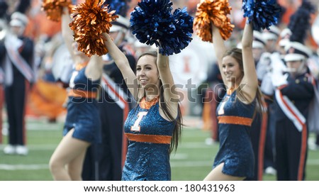CHAMPAIGN,IL-SEPTEMBER 28: University of Illinois dance team performs for half-time along with the band during a game on Saturday, Sept 28, 2013.