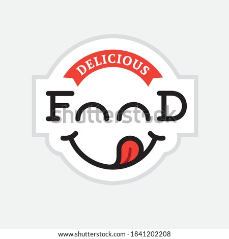 Yummy food logo with funny smiling face. Mouth with a stuck out tongue. Delicious recipe, tasty dish symbol, cooking icon.