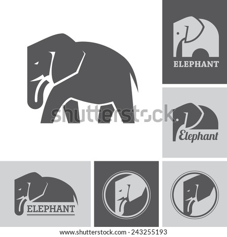 Set of elephant icons and symbols on white and dark backgrounds