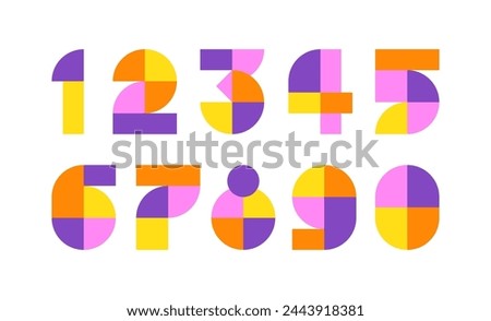 Set of colorful geometric numbers, abstract font symbols on white background.