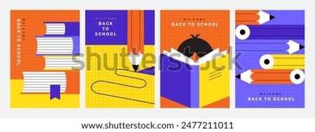 Bright, colorful back to school posters or banners set with books and pencils.