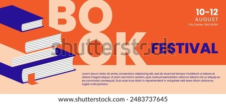 Book fair or festival horizontal banner with a stack of books flat illustration. Background for school education, library or bookstore sale design concept.