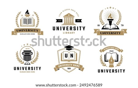 University, college, school or academy classic style logo set Vol 1. Education label, emblem or badge collection. Open book, mortarboard, fountain pen icon.