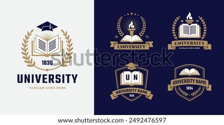 University, library, school, academy logo set with open book, graduation hat and torch icons in classic style. Education emblem or label design collection.