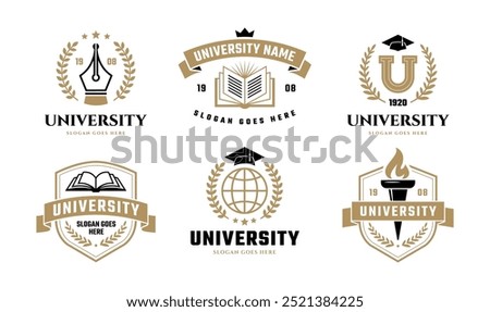 University, college, school or academy classic style logo set Vol 2. Education label, emblem or badge collection. Open book, graduation hat, torch icon.