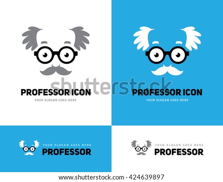 Icon of grey haired old man face in round glasses. Professor, teacher or scientist logo. Grandpa symbol.