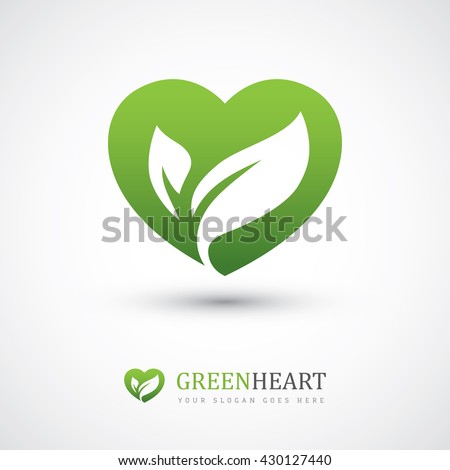 Green vector icon with heart shape and two leaves. Can be used for eco, vegan, herbal healthcare or nature care concept logo design