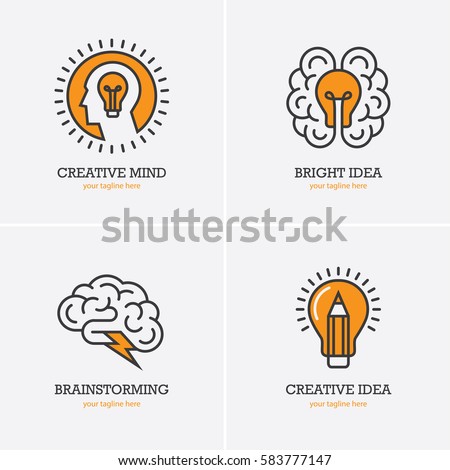 Four icons with human head, brain and light bulb for creative idea, thinking, brainstorming logo concept