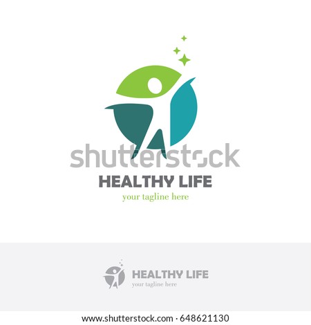 Abstract round symbol with happy human silhouette. Sport, fitness, medical or health care center logo design concept.