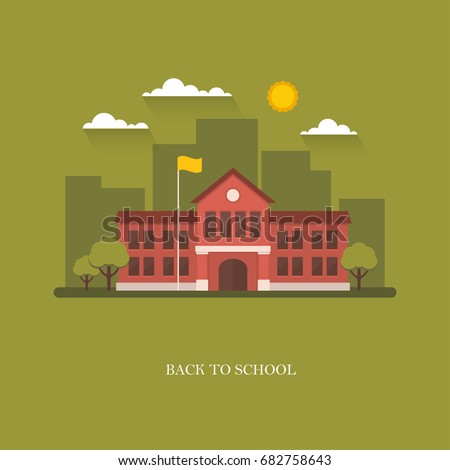 School building in flat style on green background. Back to school banner design concept. College, university, academy vector illustration