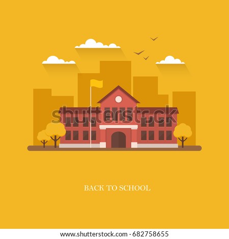 School building in flat style on bright orange background. Back to school banner design concept. College, university, academy vector illustration