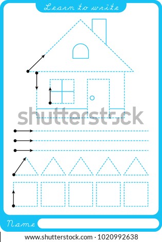 House. Preschool worksheet for practicing fine motor skills - tracing dashed lines. Tracing Worksheet.  Illustration and vector outline - A4 paper ready to print.