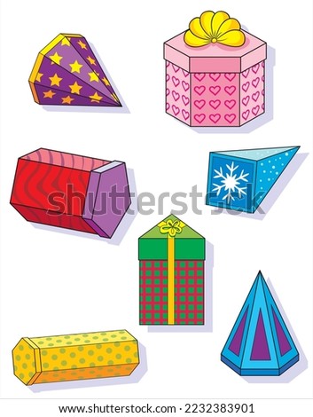 Gift boxes. Pyramids and prisms. developmental task for schoolchildren.