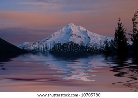 Mountain simulated global warming with water up around the base of the mountain showing reflection at sunset landscape orientation