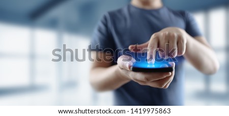 Businessman holds smartphone business internet tecnology concept Foto stock © 
