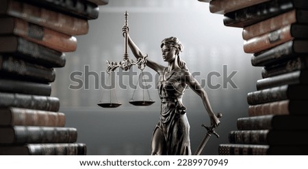 Similar – Image, Stock Photo A statue of Justice, the goddess of justice, with a sword and scales on a pedestal in front of a scenic sunset