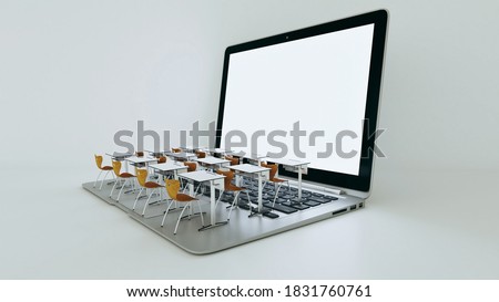 Digital classroom concept for online education. modern classroom desks on the laptops keyboard. Social distance education. 3D rendering