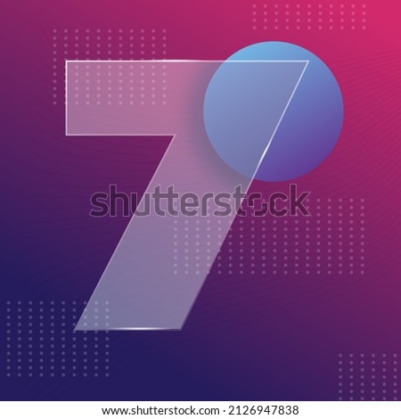 Glass morphism effect. Transparent frosted acrylic shape number 7 on purple blue gradient background Realistic glassmorphism matte plexiglass rectangle shapes. Futuristic style. Vector illustration